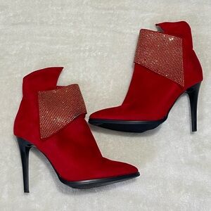 Red Women's Suede Stiletto Ankle Boot with Rhinestone Cuff